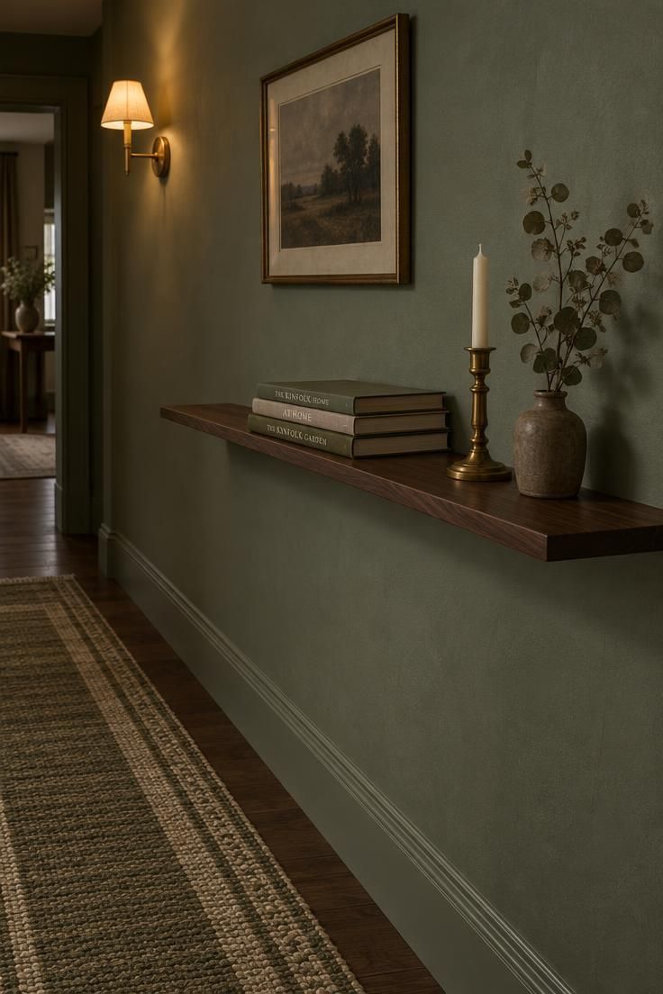 11 Warm Country Style Hallway Ideas for a Welcoming Home 4 Chalky sage green hallway wall with a narrow dark walnut ledge shelf holding books, a brass candlestick, and dried eucalyptus, lit by a warm wall sconce.