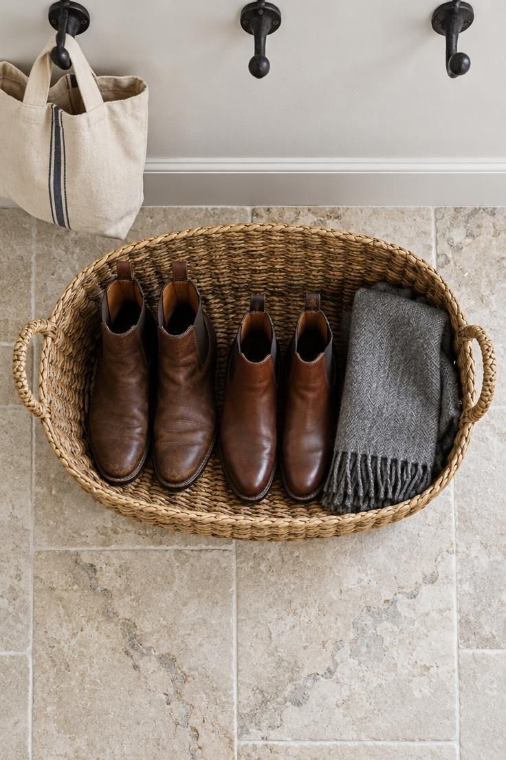 11 Warm Country Style Hallway Ideas for a Welcoming Home 5 Overhead view of a wide oval seagrass basket on pale limestone tile holding leather boots and a folded wool scarf, with wall hooks above.