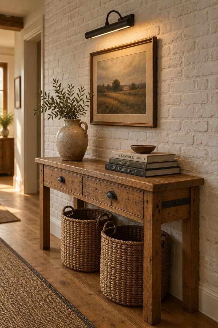 11 Warm Country Style Hallway Ideas for a Welcoming Home 6 Low reclaimed pine console against a whitewashed painted brick wall, holding a ceramic jug and books, with woven baskets underneath and an iron picture light above.