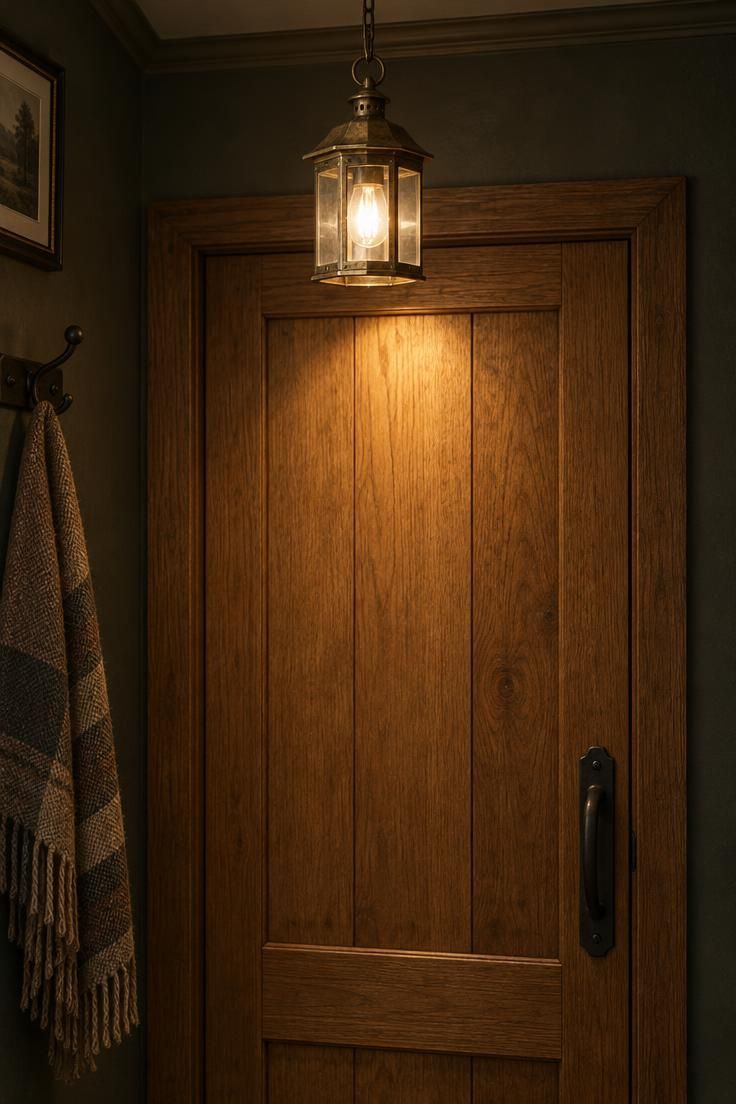 11 Warm Country Style Hallway Ideas for a Welcoming Home 7 Small aged-brass lantern pendant glowing warmly above an oak door with a simple dark handle, lighting the door's vertical grain.