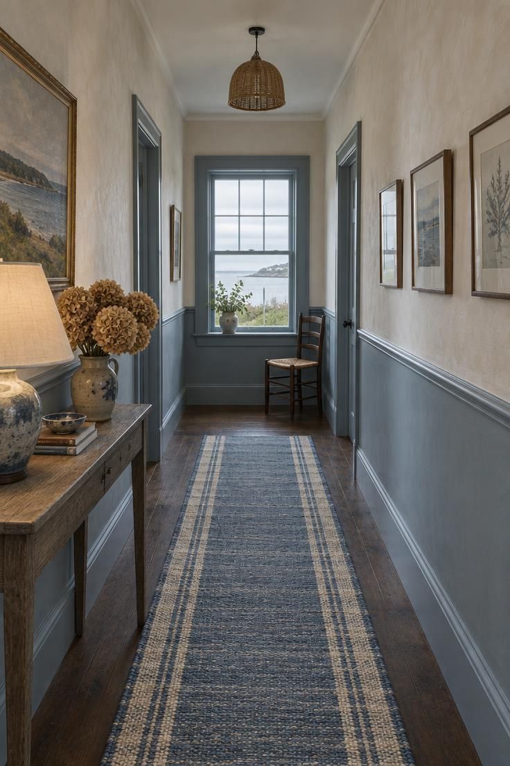 11 Warm Country Style Hallway Ideas for a Welcoming Home 8 Hallway with warm white limewashed upper walls and a muted blue-gray lower section divided by a chair rail, with a blue-and-cream flat-weave runner.