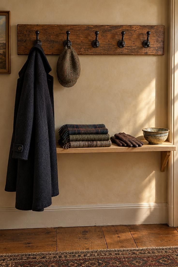 11 Warm Country Style Hallway Ideas for a Welcoming Home 10 Wide reclaimed chestnut board with five dark turned hooks above a narrow white oak shelf, holding a black wool coat, a tweed cap, and folded scarves.