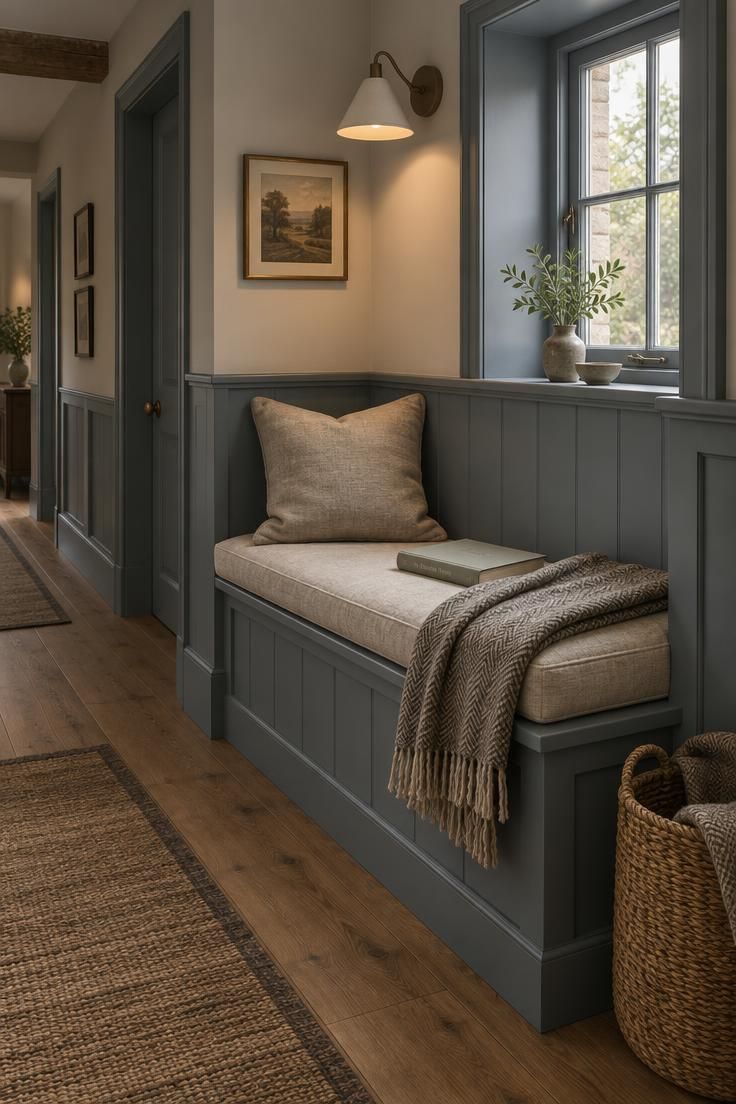 11 Warm Country Style Hallway Ideas for a Welcoming Home 11 Low warm gray-blue window seat with a linen cushion at a hallway turn, below a small window and off-white wall light, with a wool throw and basket.