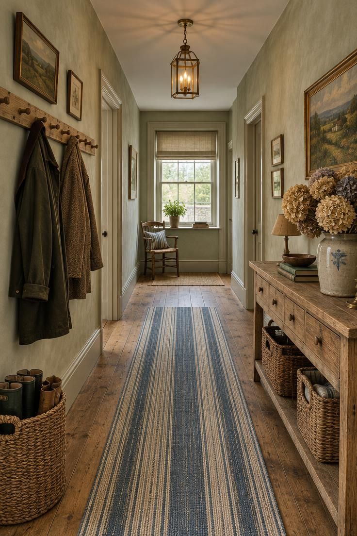 Simple Spaces 24 Country style hallway with pale sage walls, a weathered oak peg rail, a blue-and-cream ticking runner over wide-plank oak, and a reclaimed pine console lit by a brass lantern pendant.