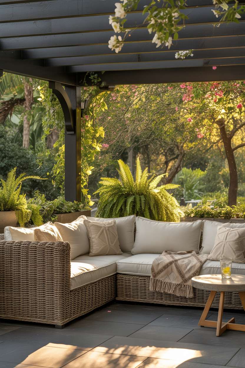 19 Unique Covered Patio Ideas for Shade & Style 1 Comfortable woven rattan sectional sofa with cream cushions on a covered patio surrounded by lush greenery