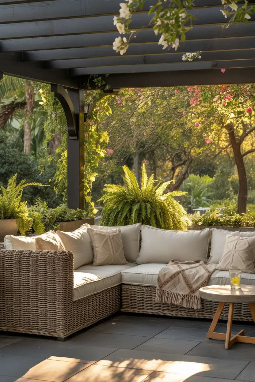 19 Unique Covered Patio Ideas for Shade & Style 1 Comfortable woven rattan sectional sofa with cream cushions on a covered patio surrounded by lush greenery