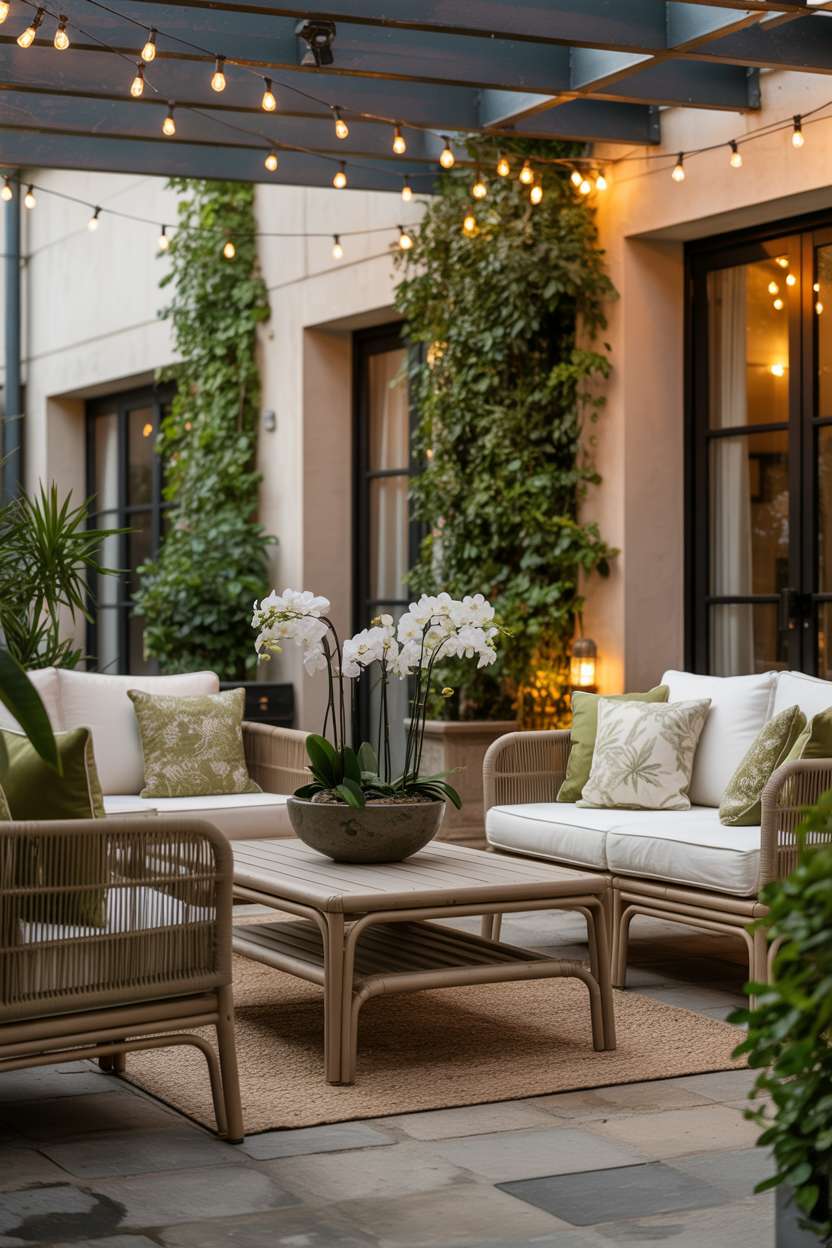 19 Unique Covered Patio Ideas for Shade & Style 2 Cozy covered patio with rattan furniture, fairy lights, and jasmine vines creating warm evening lighting