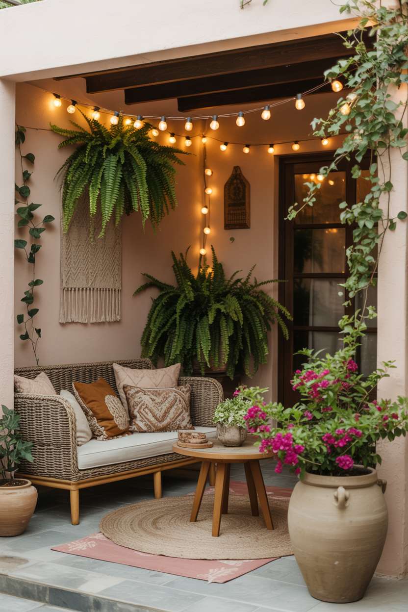 19 Unique Covered Patio Ideas for Shade & Style 3 Bohemian-style covered patio featuring woven rattan sofa, handwoven rug, and vibrant bougainvillea