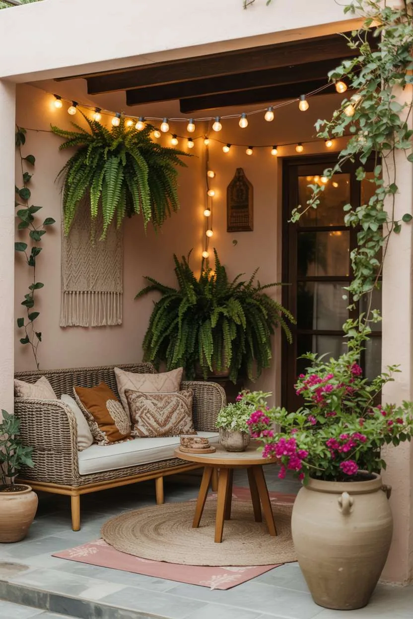 19 Unique Covered Patio Ideas for Shade & Style 3 Bohemian-style covered patio featuring woven rattan sofa, handwoven rug, and vibrant bougainvillea