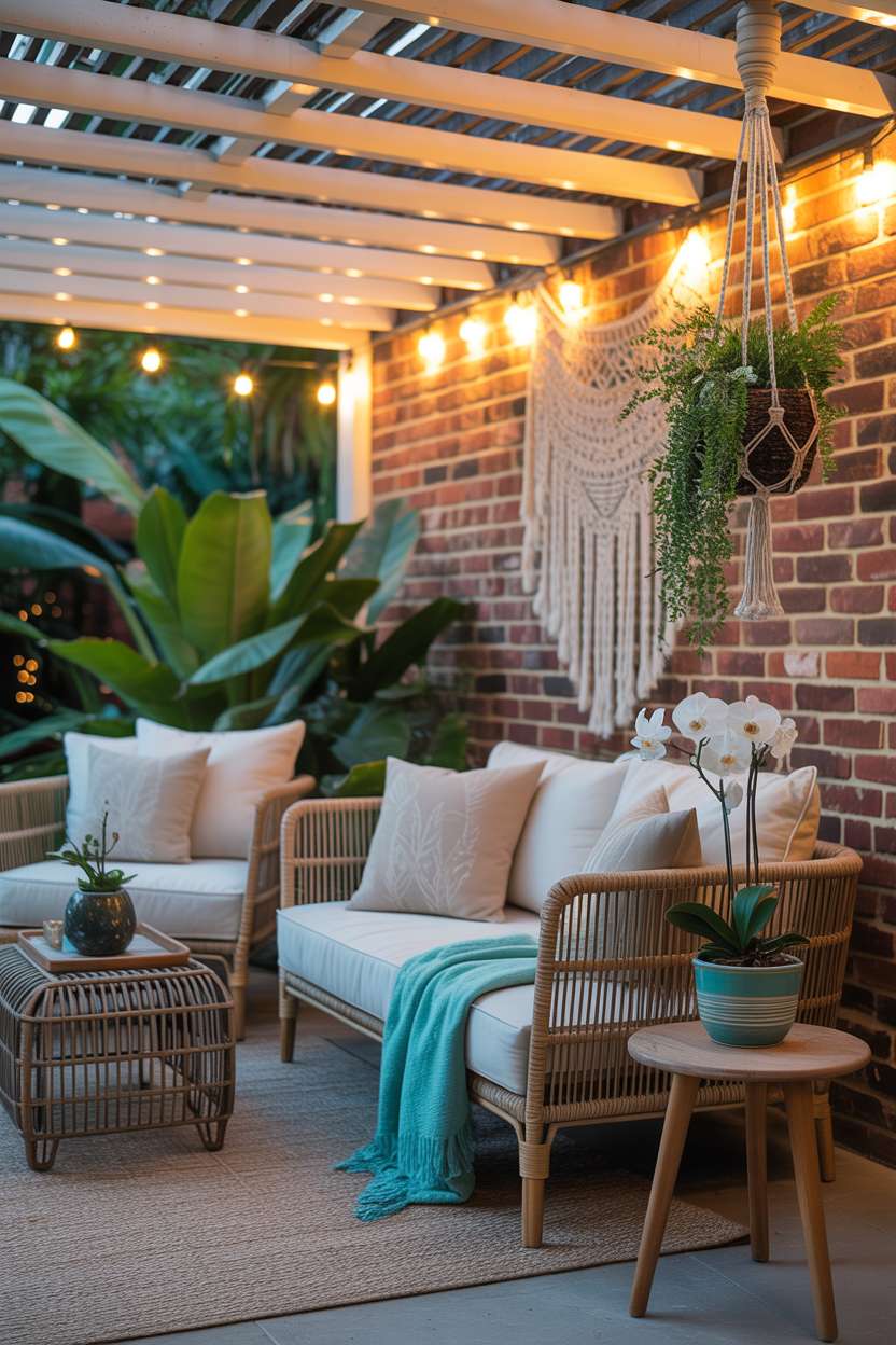19 Unique Covered Patio Ideas for Shade & Style 4 Modern bohemian covered patio with rattan furniture, turquoise accents, and macrame plant hanger