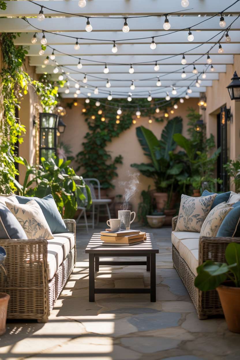 19 Unique Covered Patio Ideas for Shade & Style 5 Covered patio with wicker furniture, books, and steaming mug creating a reading nook atmosphere