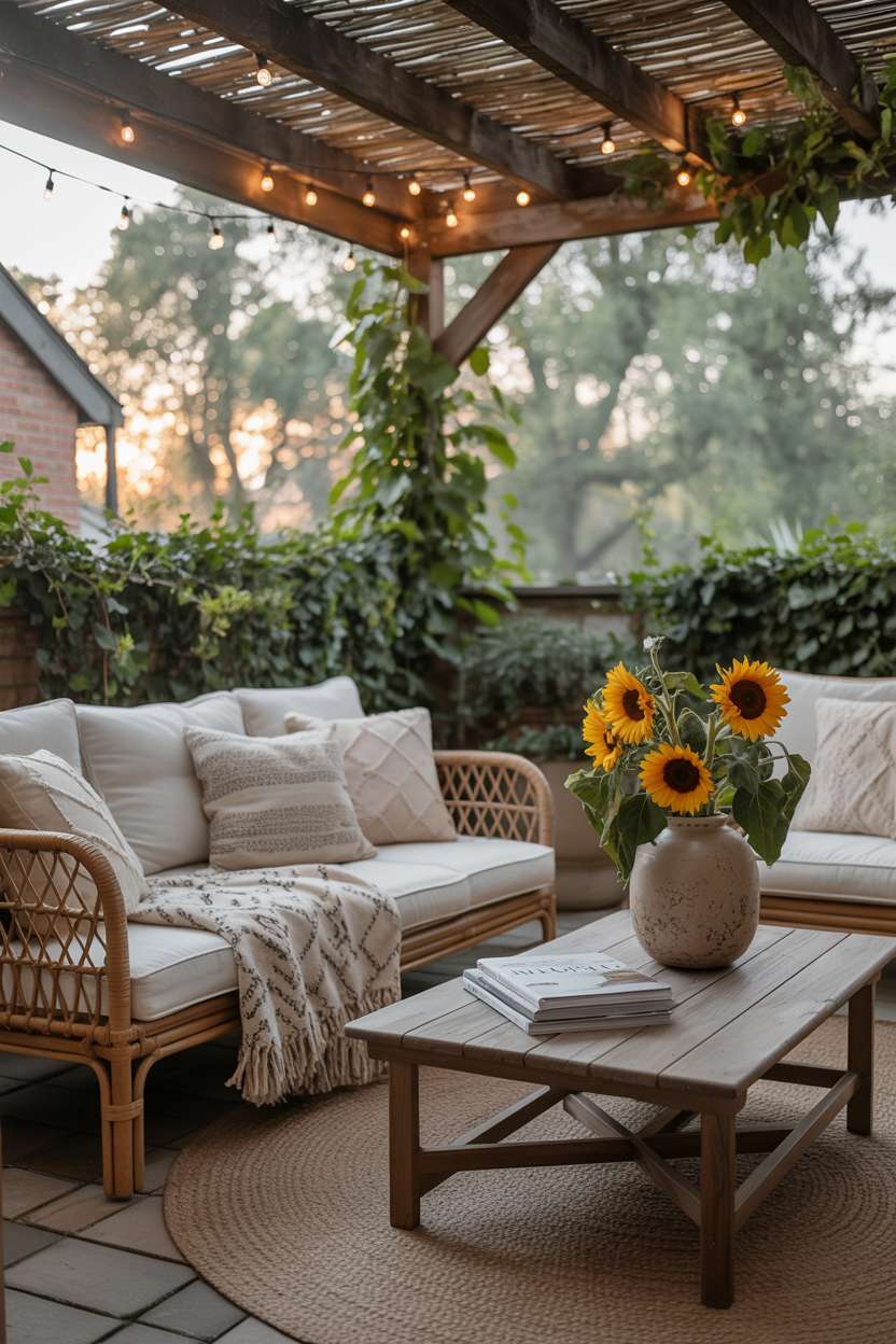 19 Unique Covered Patio Ideas for Shade & Style 6 Cozy covered patio with rattan sofa, fairy lights, and sunflowers on rustic wooden coffee table