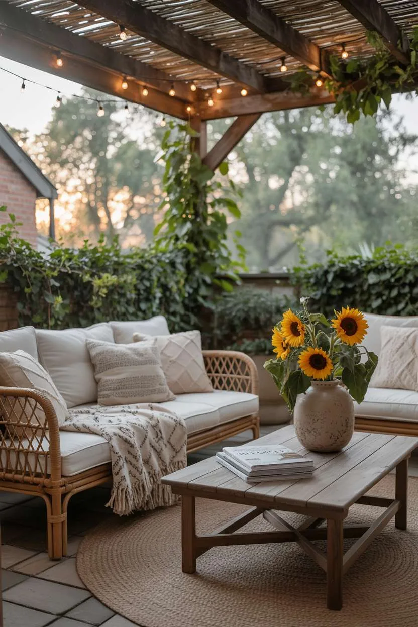 19 Unique Covered Patio Ideas for Shade & Style 6 Cozy covered patio with rattan sofa, fairy lights, and sunflowers on rustic wooden coffee table