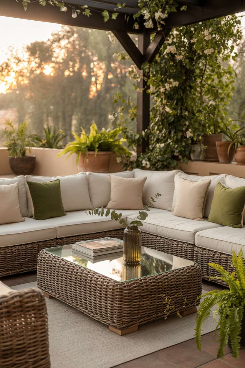 19 Unique Covered Patio Ideas for Shade & Style 7 Modern covered patio with woven rattan sectional, eucalyptus arrangement, and jasmine-draped pergola