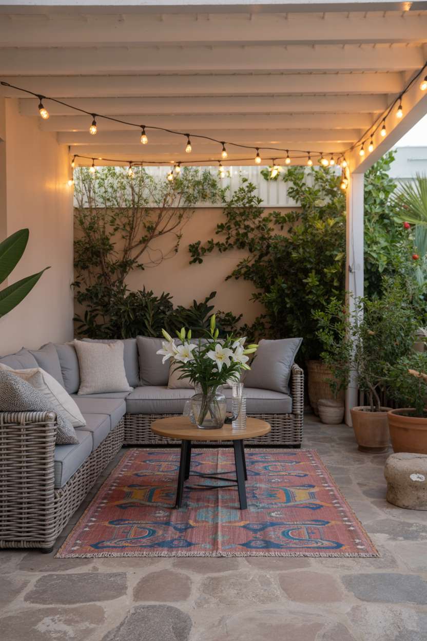 19 Unique Covered Patio Ideas for Shade & Style 8 Contemporary covered patio with gray cushions, patterned rug, and white lilies on wooden coffee table