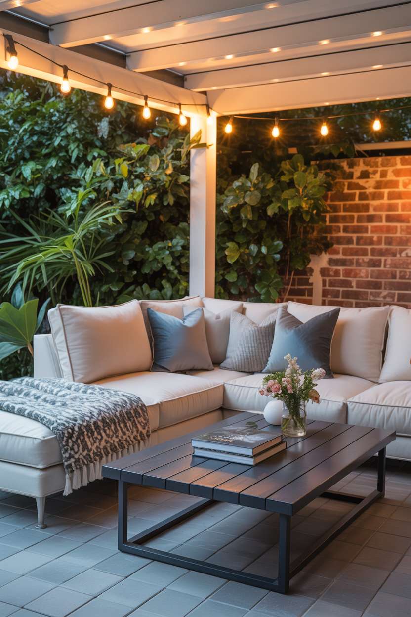 19 Unique Covered Patio Ideas for Shade & Style 9 Covered patio with cream sectional sofa, string lights, and exposed brick wall backdrop