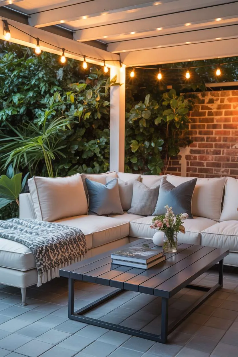 19 Unique Covered Patio Ideas for Shade & Style 9 Covered patio with cream sectional sofa, string lights, and exposed brick wall backdrop