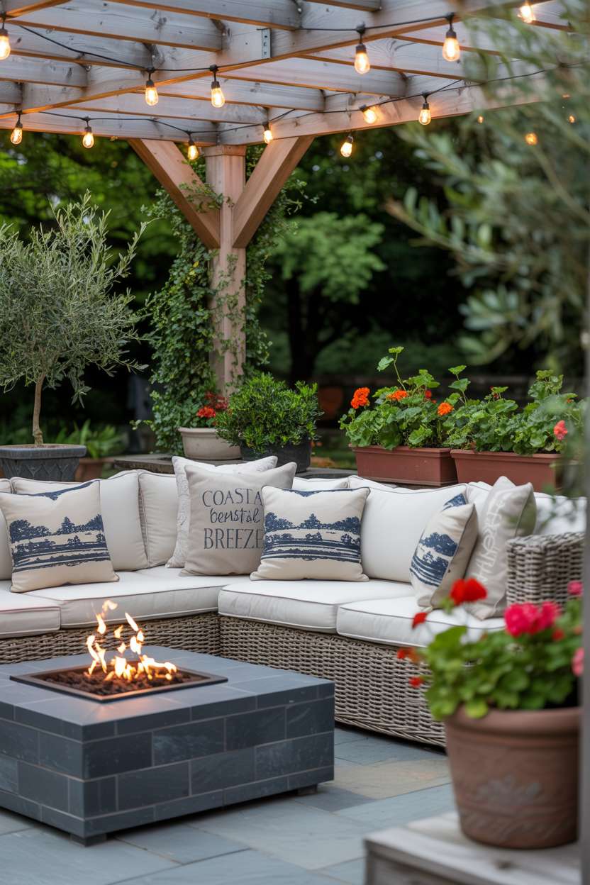 19 Unique Covered Patio Ideas for Shade & Style 10 Covered patio centered around stone fire pit with rattan seating and climbing vines