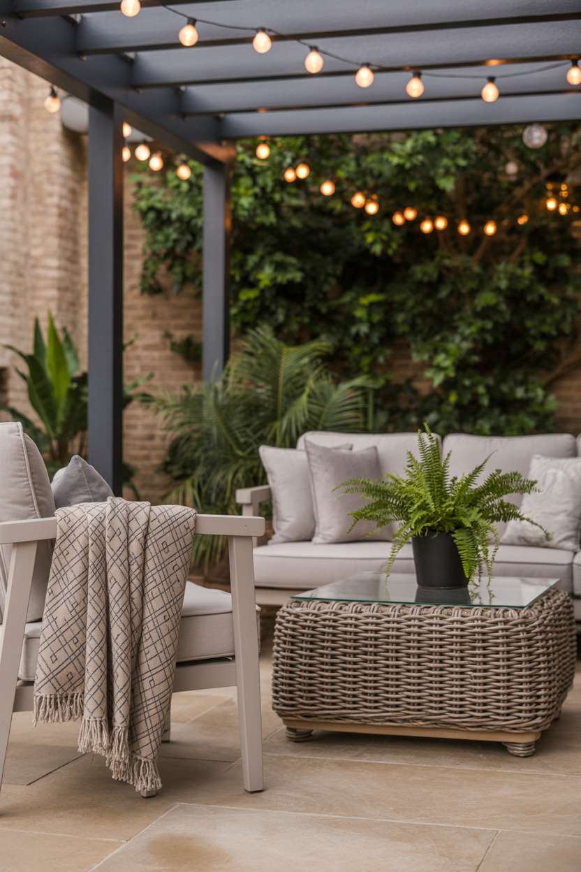 19 Unique Covered Patio Ideas for Shade & Style 11 Minimalist covered patio with light gray cushions, single potted fern, and polished stone flooring