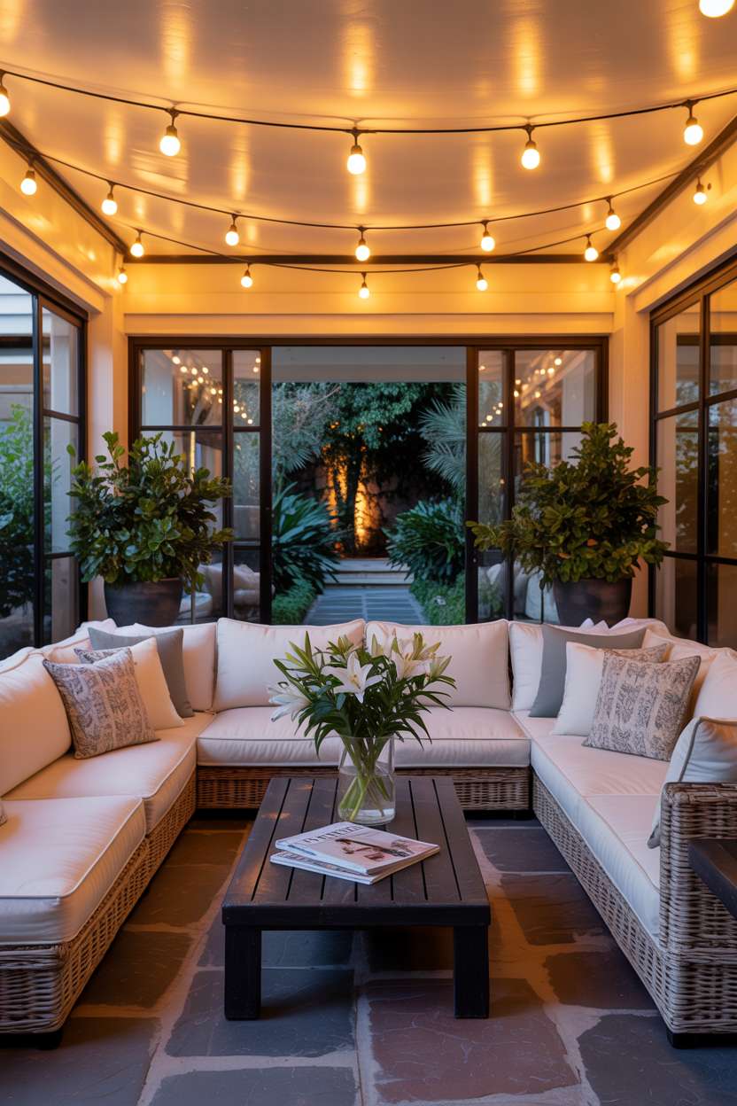 19 Unique Covered Patio Ideas for Shade & Style 12 Elegant covered patio with cream sectional, white lilies, and tranquil garden views