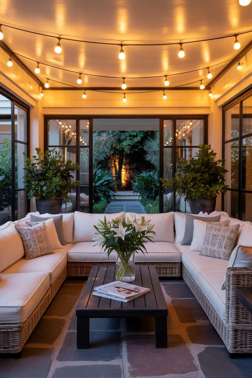 19 Unique Covered Patio Ideas for Shade & Style 12 Elegant covered patio with cream sectional, white lilies, and tranquil garden views