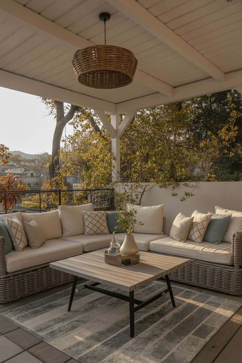 19 Unique Covered Patio Ideas for Shade & Style 13 Modern covered patio with L-shaped wicker sectional, geometric pillows, and pendant lighting