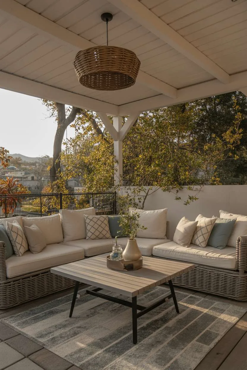 19 Unique Covered Patio Ideas for Shade & Style 13 Modern covered patio with L-shaped wicker sectional, geometric pillows, and pendant lighting