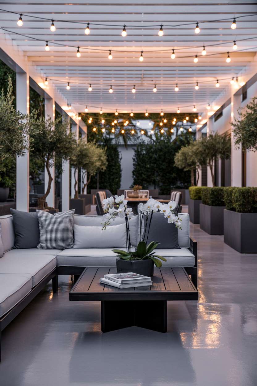 19 Unique Covered Patio Ideas for Shade & Style 14 Luxurious covered patio with gray sectional, dark wood coffee table, and olive tree perimeter