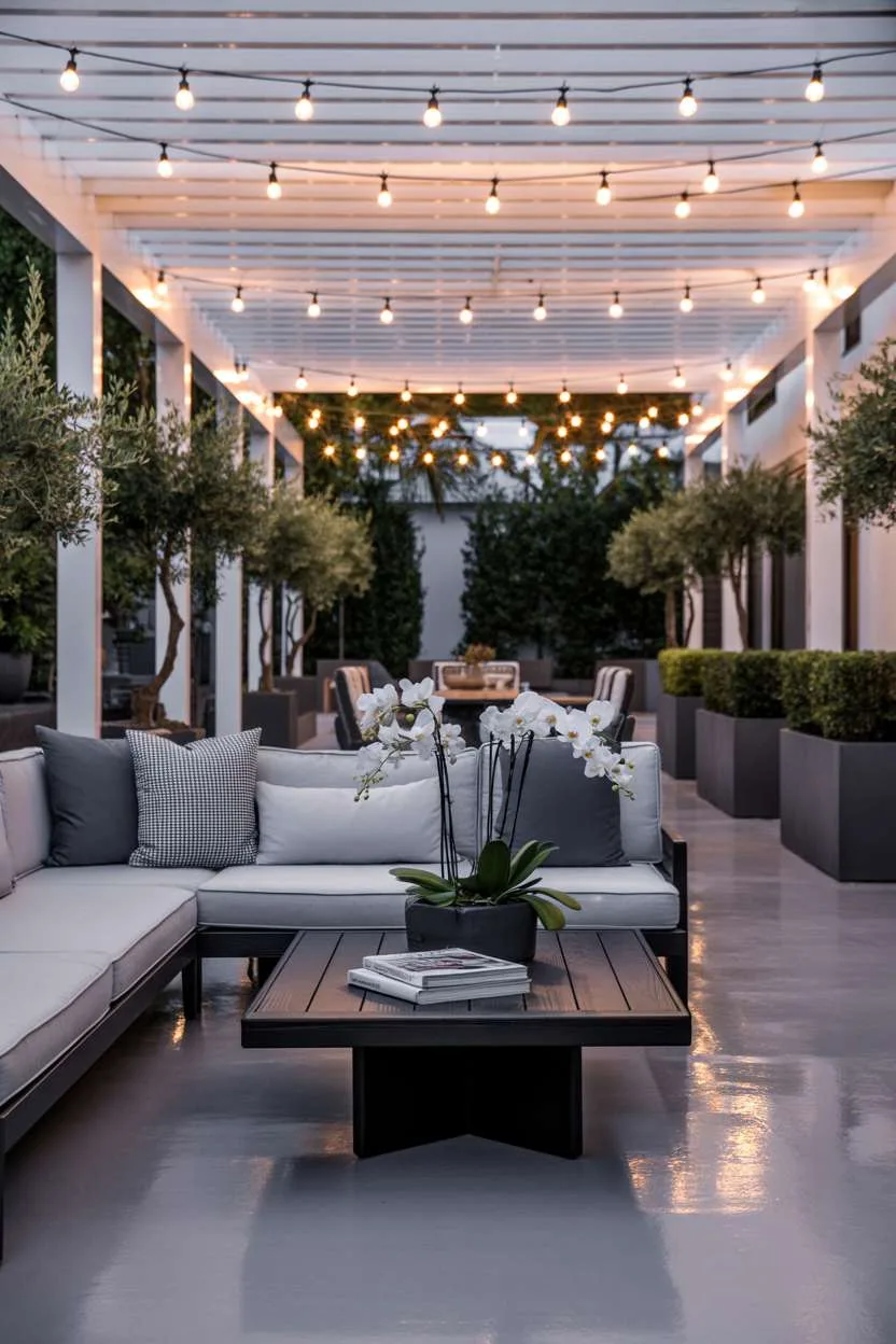 19 Unique Covered Patio Ideas for Shade & Style 14 Luxurious covered patio with gray sectional, dark wood coffee table, and olive tree perimeter