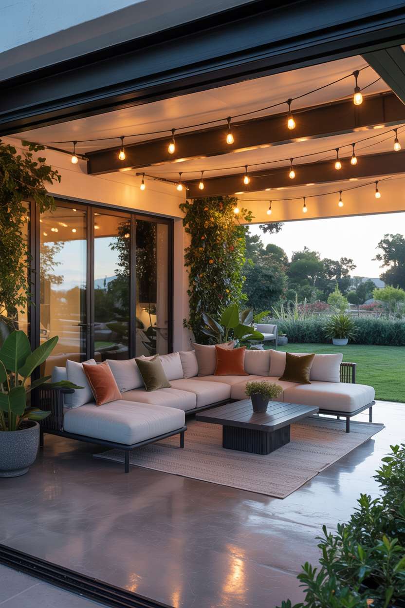 19 Unique Covered Patio Ideas for Shade & Style 15 Modern covered patio with terracotta and olive green accents overlooking manicured lawn