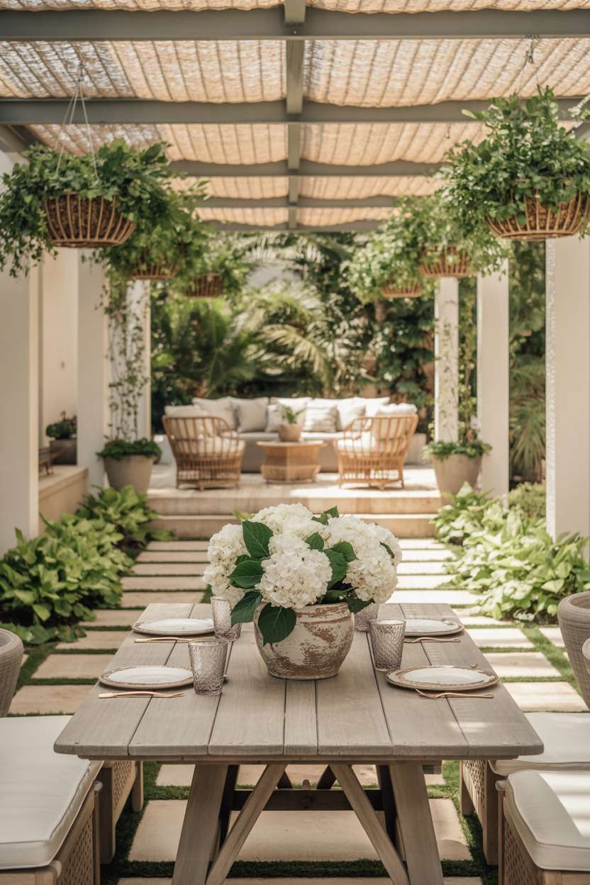 19 Unique Covered Patio Ideas for Shade & Style 16 Covered patio featuring rustic wooden dining table with white hydrangeas and fine china