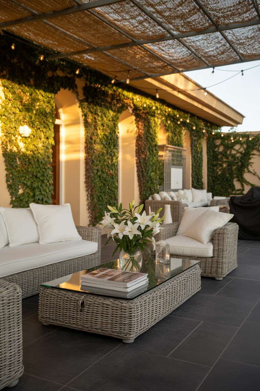 19 Unique Covered Patio Ideas for Shade & Style 17 Covered patio with white cushioned wicker furniture and climbing ivy in afternoon sunlight