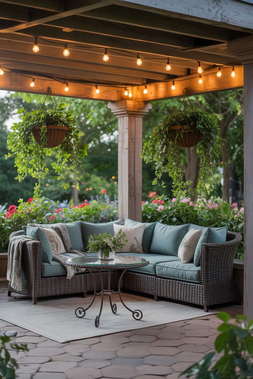 19 Unique Covered Patio Ideas for Shade & Style 18 Elegant covered patio with dark wicker sectional, teal cushions, and ornate glass-top table