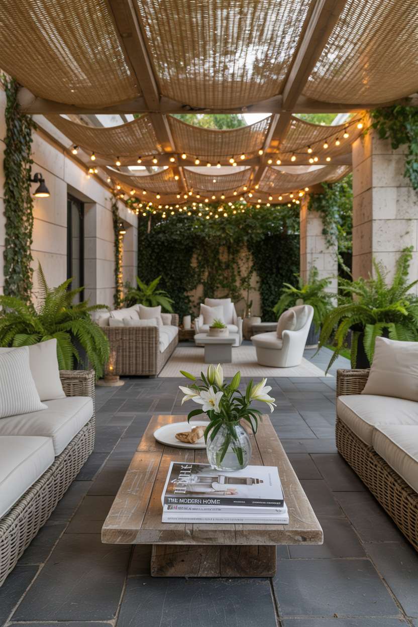 19 Unique Covered Patio Ideas for Shade & Style 19 Luxurious covered patio with grey flagstone flooring, cream sofas, and string light canopy