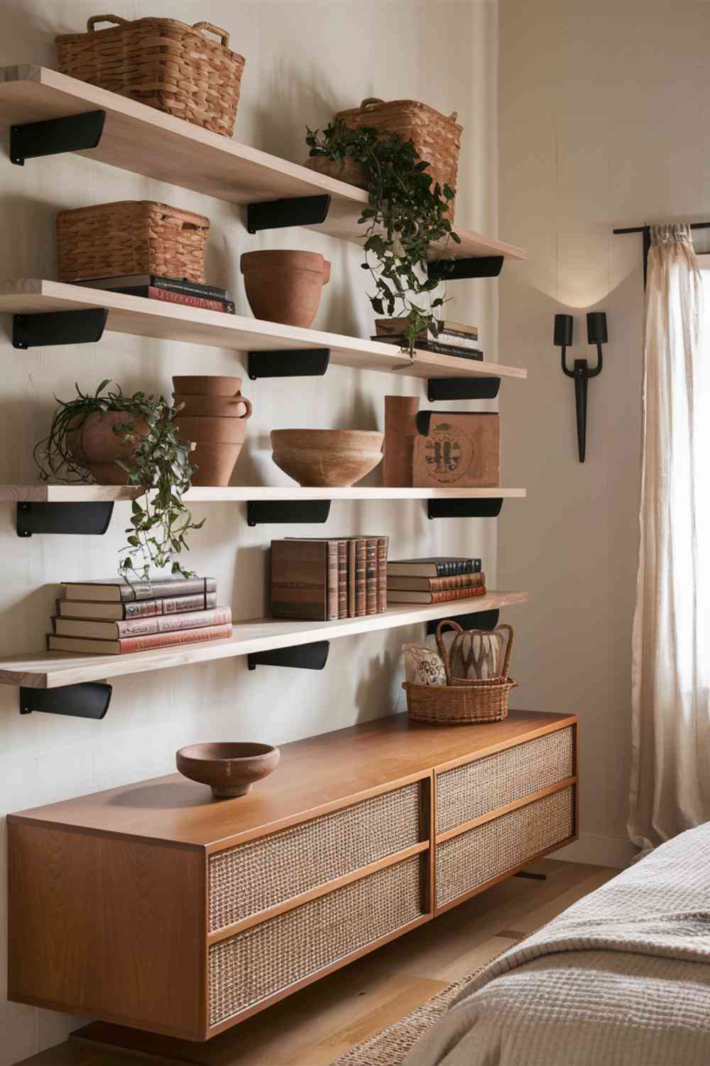 A wall in a minimalist boho bedroom featuring open wooden shelving. The shelves are made of light wood with simple metal brackets. On the shelves are a mix of practical and decorative items: a few woven baskets for storage, some pottery in earthy tones, a couple of small potted plants, and a few carefully chosen books. Below the shelving is a low wooden dresser with a rattan front, adding extra storage and texture to the space.