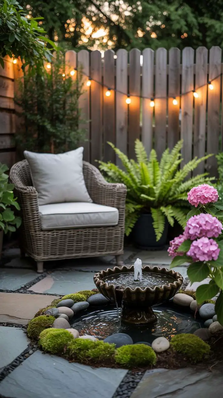 Comfortable wicker chair with cushions facing a small bubbling fountain surrounded by moss and river rocks, with lush ferns and hydrangeas framing the scene under warm fairy lights