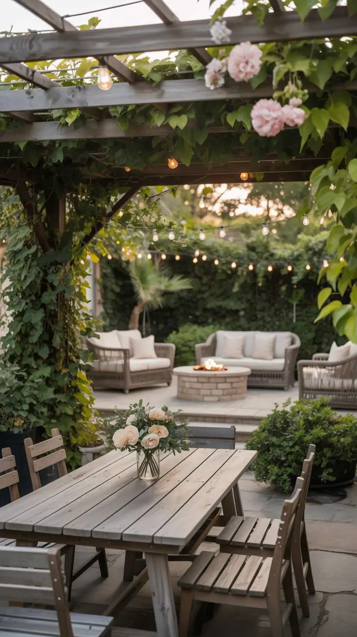 Weathered wooden table with floral centerpiece beneath ivy-draped pergola, with wicker chairs and outdoor sofa arranged around stone fire pit area under string lights