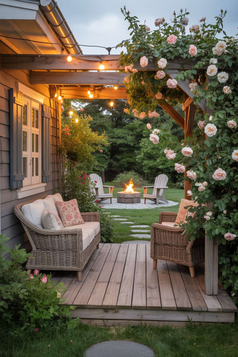 Weathered wooden porch with wicker furniture and cushions surrounded by lush greenery, featuring climbing roses and stone archway leading to fire pit patio with Adirondack chairs