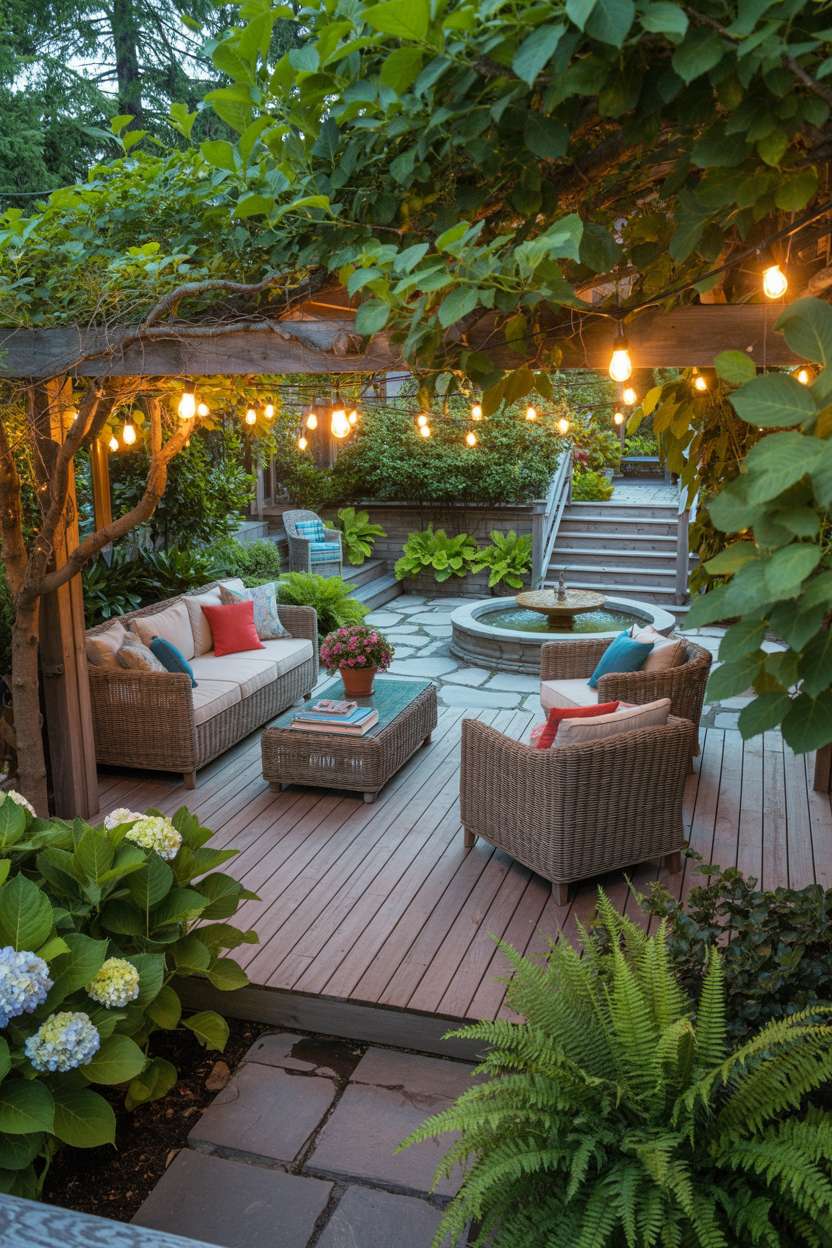 Rustic wooden deck with wicker furniture and colorful throw pillows facing stone patio with bubbling fountain, surrounded by hydrangeas and ferns under string lights