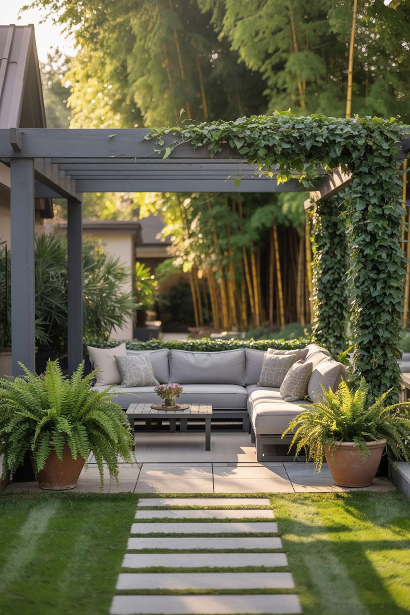 Grey sectional sofa with patterned throw pillows beneath modern pergola covered in climbing ivy, surrounded by ferns in terracotta pots with bamboo background