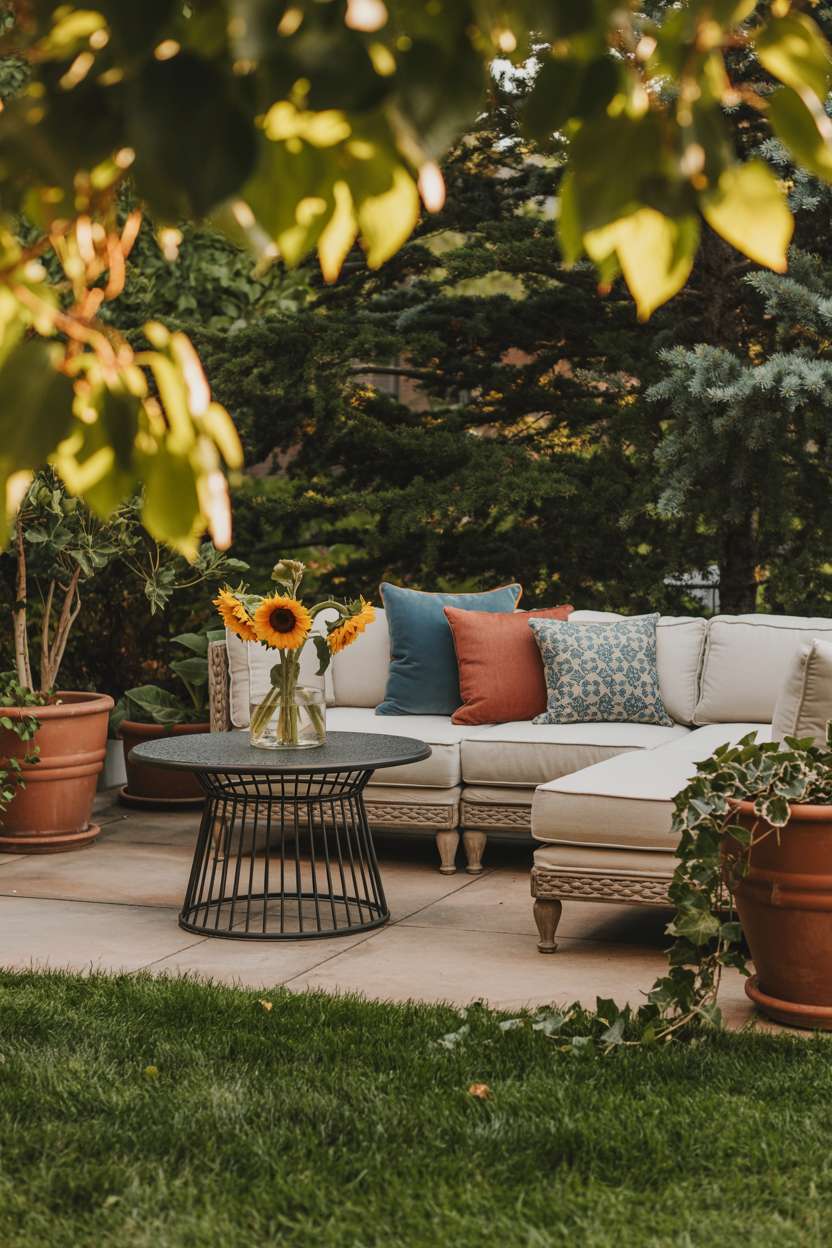 Cream-colored sectional sofa on patio with blue and terracotta patterned pillows, small black metal table with sunflower vase, surrounded by terracotta planters with trailing ivy