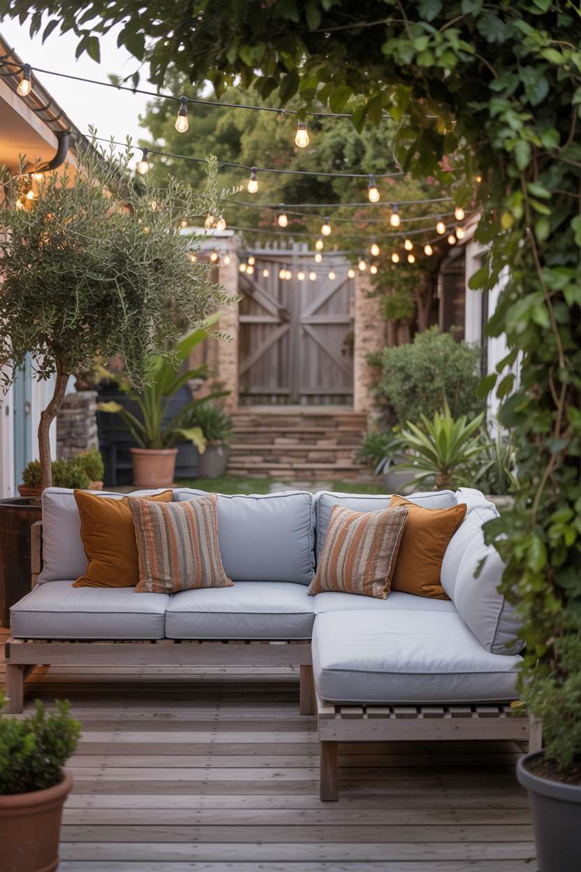 Light grey sectional sofa on weathered wooden deck with earthy-toned pillows, surrounded by potted olive trees and trailing ivy, with string lights illuminating stone pathway to rustic gate