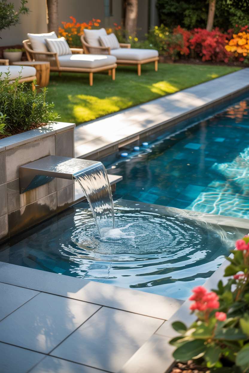 Modern infinity pool with turquoise water and gray tiles featuring subtle waterfall, surrounded by lush green lawn and vibrant red and orange flowering shrubs with white cushioned lounge chairs