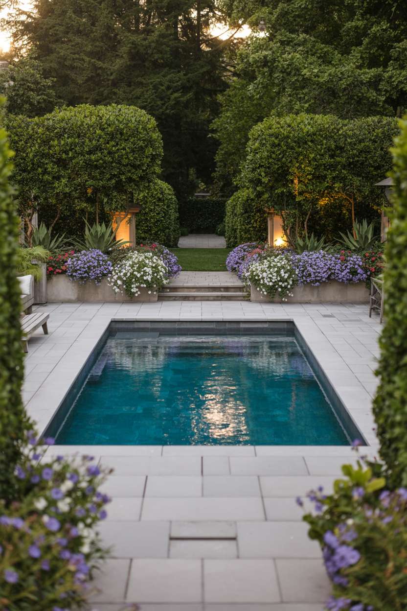 Rectangular swimming pool with turquoise water surrounded by light gray flagstone patio, lined with manicured hedges and purple and white flower beds under warm outdoor lighting