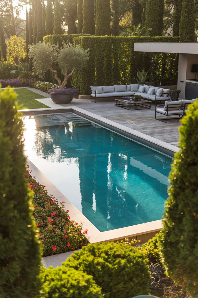 Modern infinity pool with turquoise water beside spacious wooden deck with grey outdoor furniture and potted olive trees, surrounded by manicured hedges and flower beds with minimalist outdoor kitchen visible