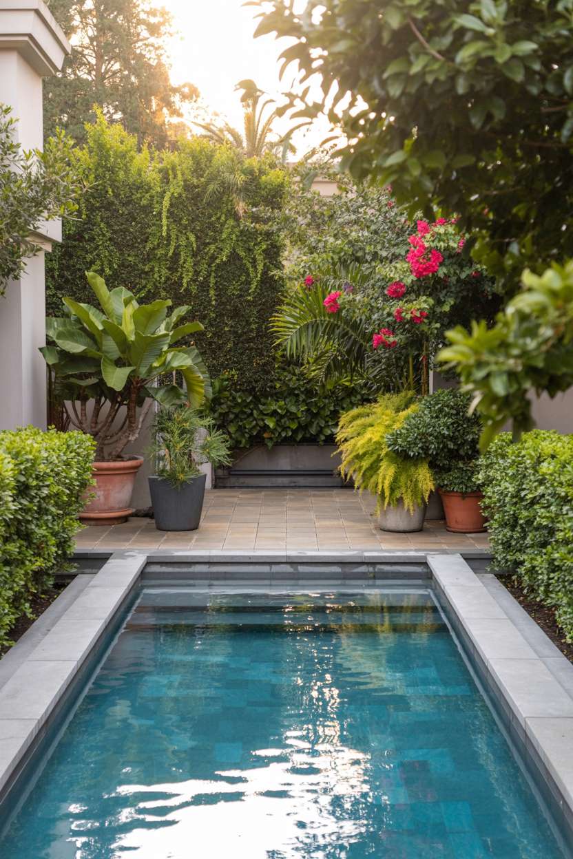 Sleek rectangular infinity pool reflecting clear blue sky, surrounded by warm grey stone tile patio with manicured hedges and potted hibiscus and bougainvillea plants