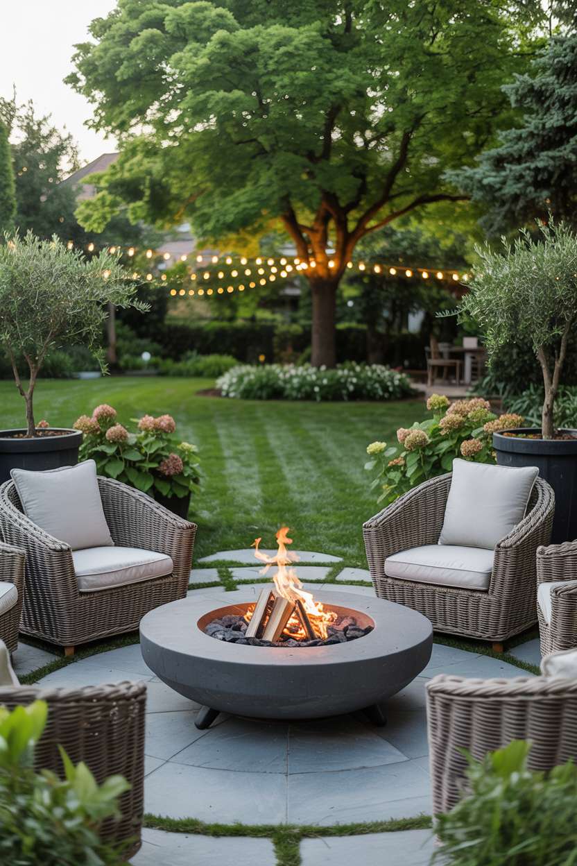 Large circular fire pit with smooth gray stones surrounded by oversized woven armchairs in gray tones, on lush green grass with potted olive trees and hydrangeas under string lights