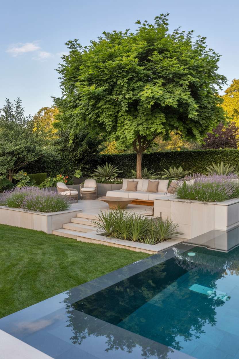 Dark grey infinity pool reflecting clear blue sky with lush green lawn areas and geometric planters containing vibrant lavender and ornamental grasses, plus neutral-toned outdoor seating under maple tree shade