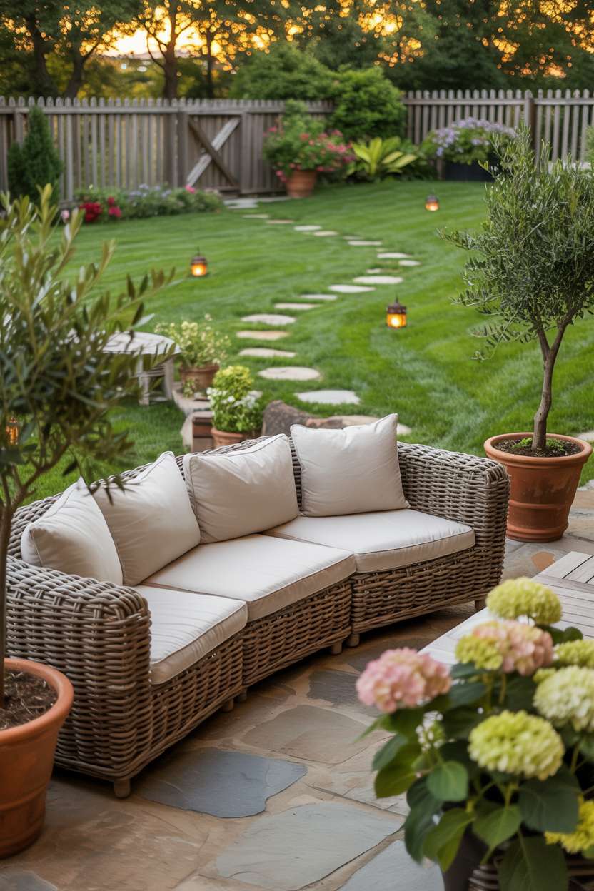 Comfortable wicker sofa with cream cushions on stone patio surrounded by potted olive trees and hydrangeas, with winding stone path through green lawn dotted with firefly lanterns leading to rustic wooden fence