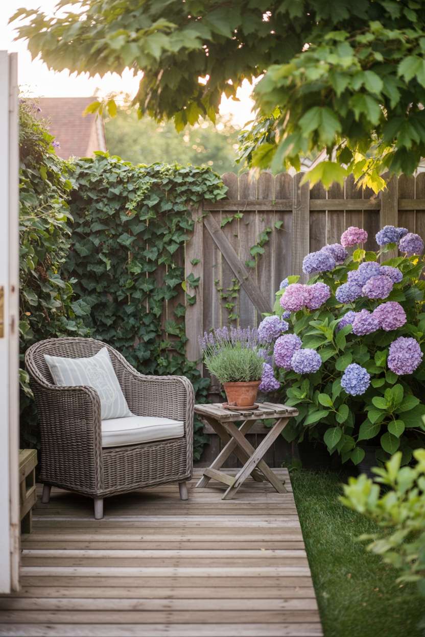 Rustic wooden patio with comfortable wicker chair and small side table adorned with single potted lavender plant, weathered wooden fence covered in climbing ivy with purple hydrangea bush